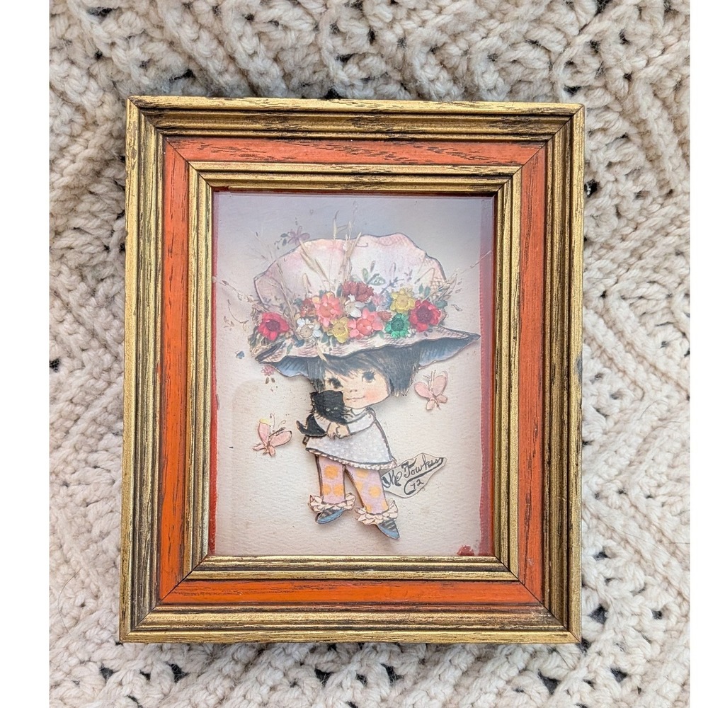 Vintage 1972 Mc Fowkes 3D Paper Tole Shadowbox Art Girl with Cat Gold Frame